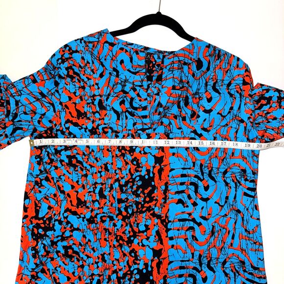 The OULA Company Tie Front Split Neck Dress Blue Orange Print Bell Sleeves S EUC - Picture 7 of 12